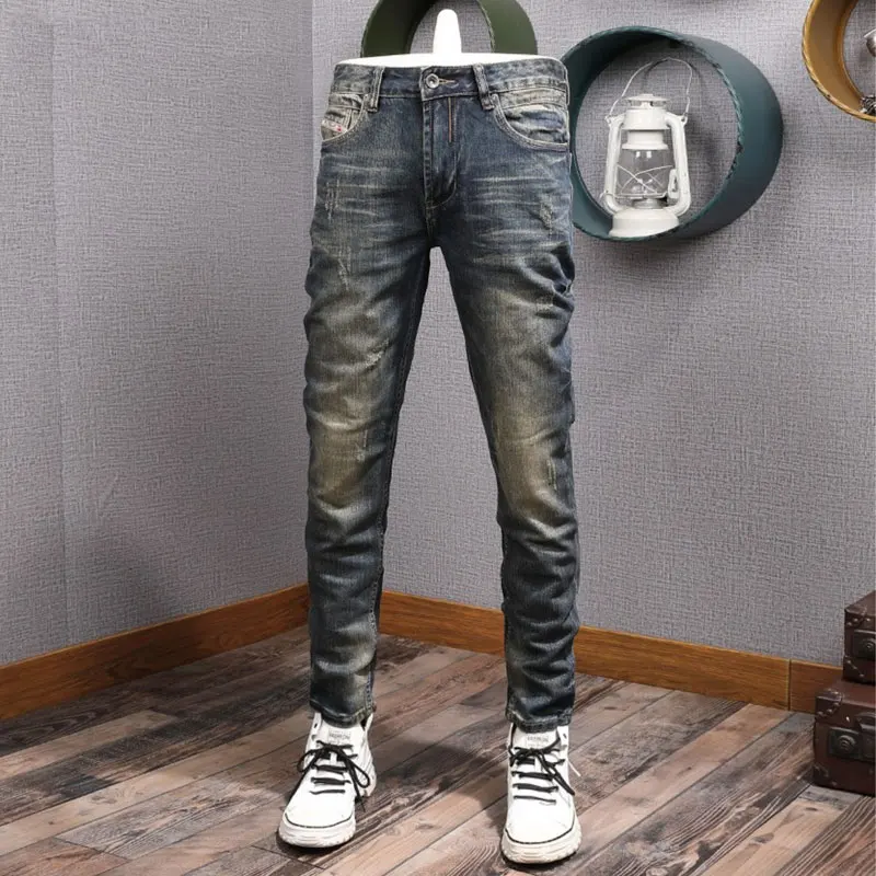 newly designer fashion men jeans retro washed blue stretch slim fit ripped jeans men high quality vintage denim pants hombre Newly Designer Fashion Men Jeans High Quality Retro Washed Blue Stretch Slim Fit Ripped Jeans Men Vintage Casual Denim Pants