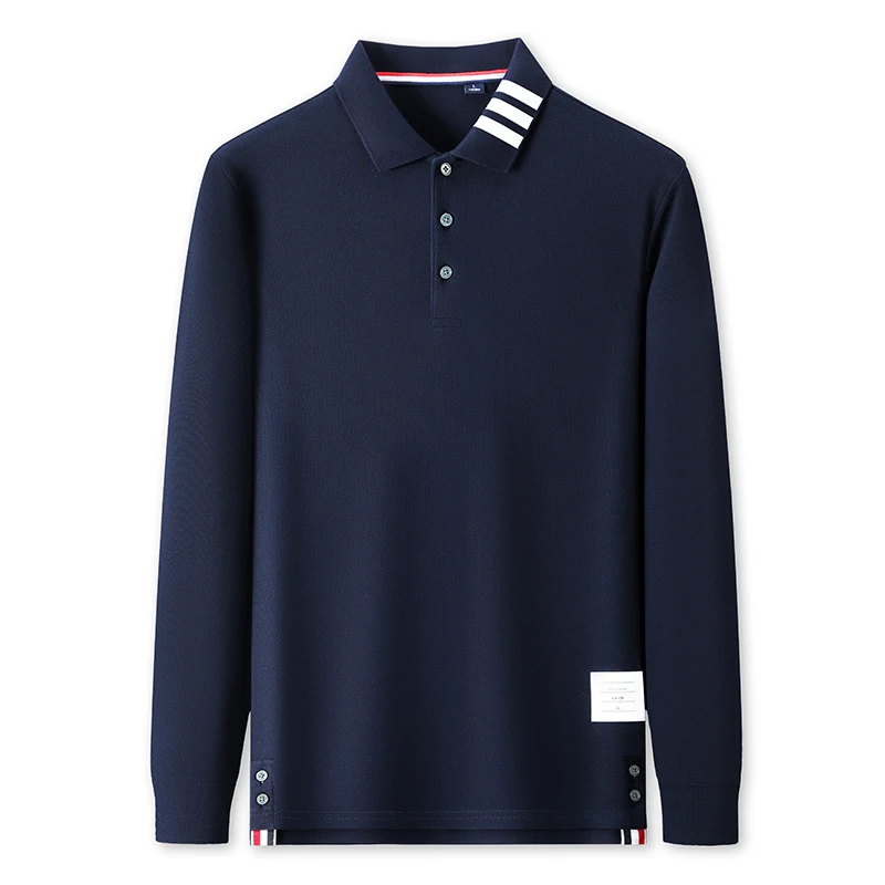 Long Sleeve T Shirt Men 100COTTON Autumn Classic Stripe Print Lapel Hem Slit