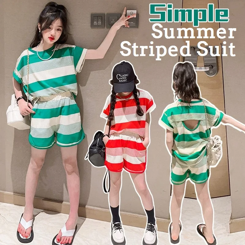 

Summer Casual Girls Striped Backless Short-Sleeved t-Shirt Tops+Short Pant Set School Kids Tracksuit Child 2PCS Outfit 3-16Years