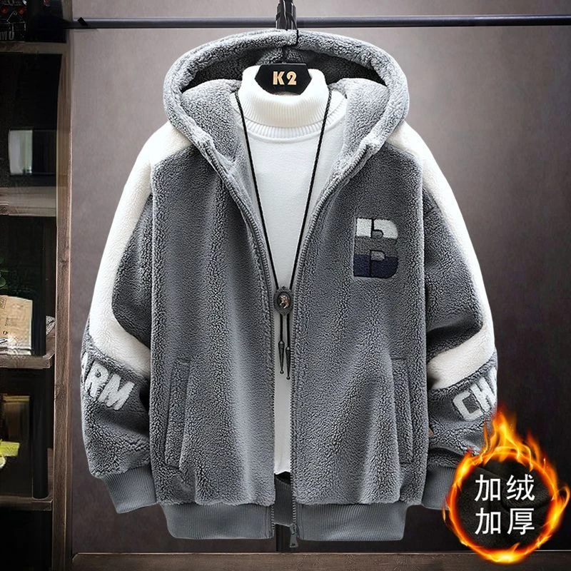 

2023 Winter Sherpa Coat Male Plus Fleece Thick Cotton Clothes Hong Kong Style Stitching Men Jacket Bomber Hooded Loose Keep Warm