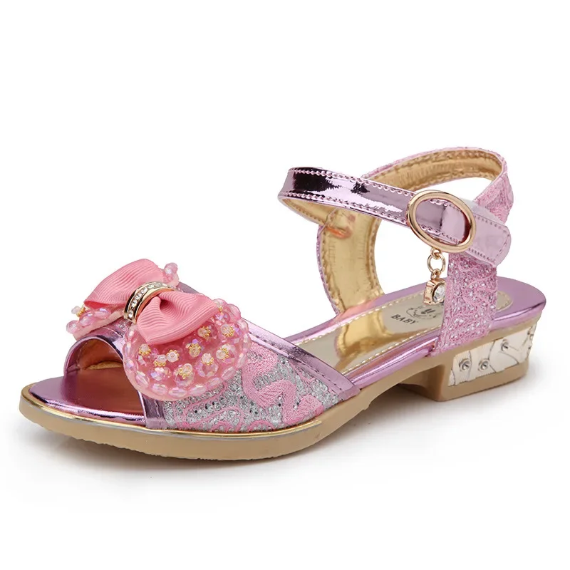 Summer Princess Children's Sandals Girls Sequins Low Heels Non-slip Shoes Fashion Bowknot Kids Beach Sandals Causal Versatile