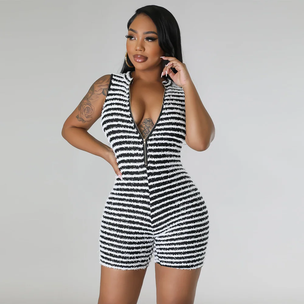 

Zipped Stretchy Playsuit Striped Skinny Sleeveless Basic Romper for Women Summer Fashion Slim Fit Jumpsuits Short Pants Overalls