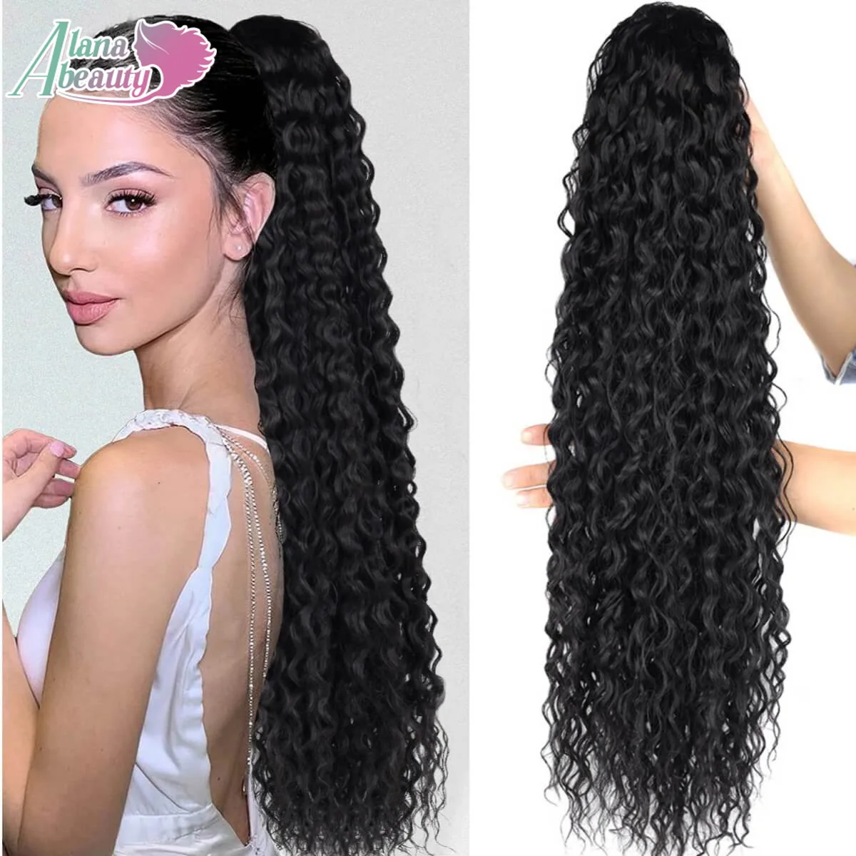 30inch Synthetic Curly Ponytail Extension Kinky Curly Hair Soft Long Drawstring Ombre Water Wave Clip In Ponytail for Women