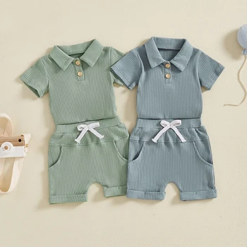 Neonati maschi 2 pezzi abiti estivi manica corta bavero colletto pagliaccetto con pantaloncini set vestiti per neonati 1