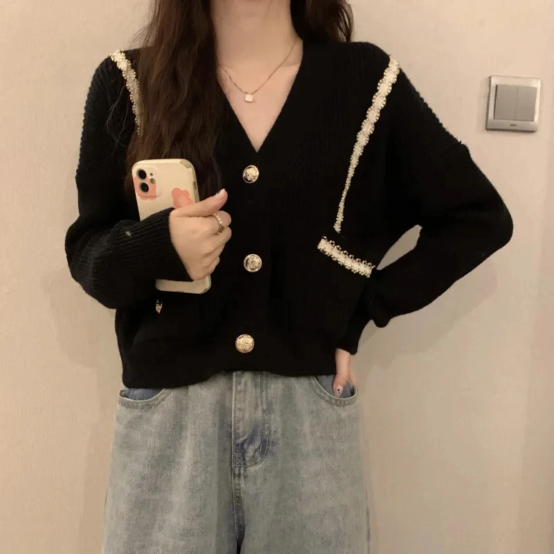

Женский укороченный вязаный кардиган, модный шикарный однобортный свитер составного кроя в Корейском стиле с V-образным вырезом, свободная универсальная верхняя одежда, Y2K, осень