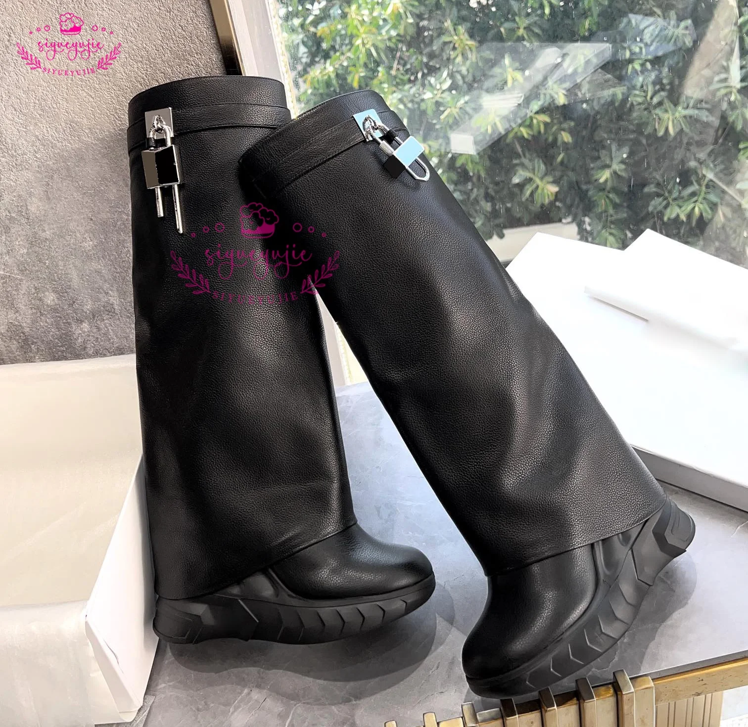 Lock Decor Denim Shark Boots Fashion Thick Bottom Zip Knee High Boots Wedges High Heels Long Boots Women Shoes Plus Size 44