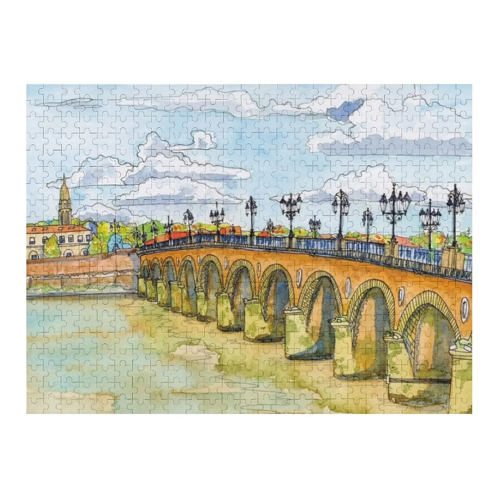 Watercolor Stone Bridge Bordeaux Jigsaw Puzzle Custom Wood Wooden Name Custom Personalized Baby Toy Custom Gifts Puzzle