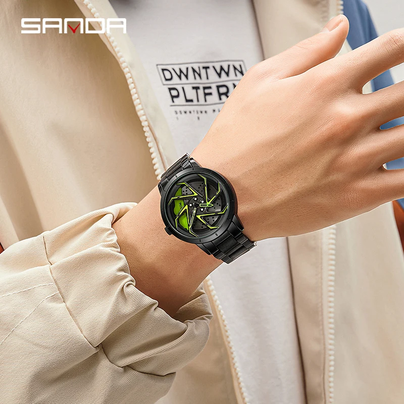 SANDA 2023 New Men Cool Racing Watch Blue Stainless Steel Strap 360° Rotating Dial Watch Mens Quartz Watches Waterproof Reloj