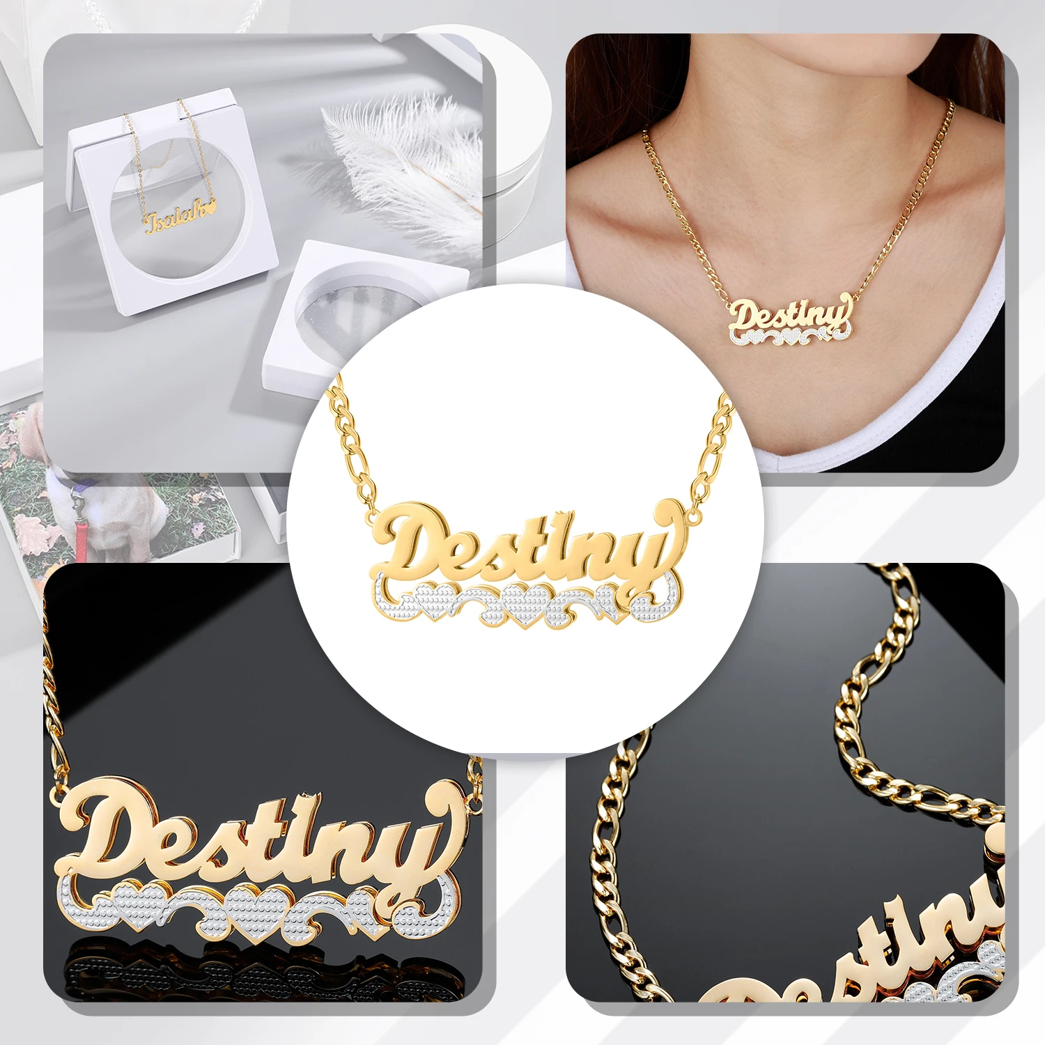 Custom Necklace Name Double Layered Two Tone Personalized 14K Gold Stainless Steel Pendant Nameplate For Women Bridesmaid Gifts