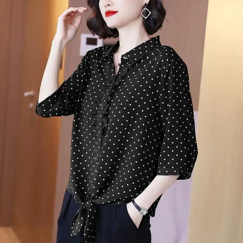 

Polka Chiffon Shirt Women's 3/4 Sleeved Spring Autumn New Print Bottoming Blouse Leisure Fashion Slim Fit Top