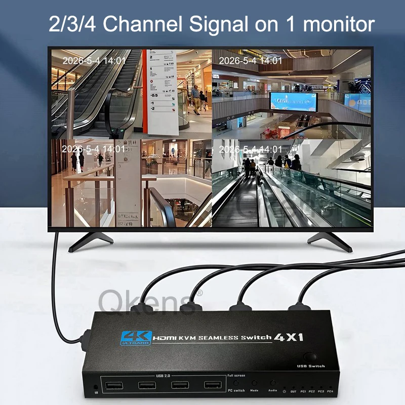 4K HDMI KVM 심리스 스위치 4x1 멀티 뷰어 비디오 프로세서 2/3/4 채널 입력, 1개 모니터, 4대 PC 공유 키보드 마우스 모니터