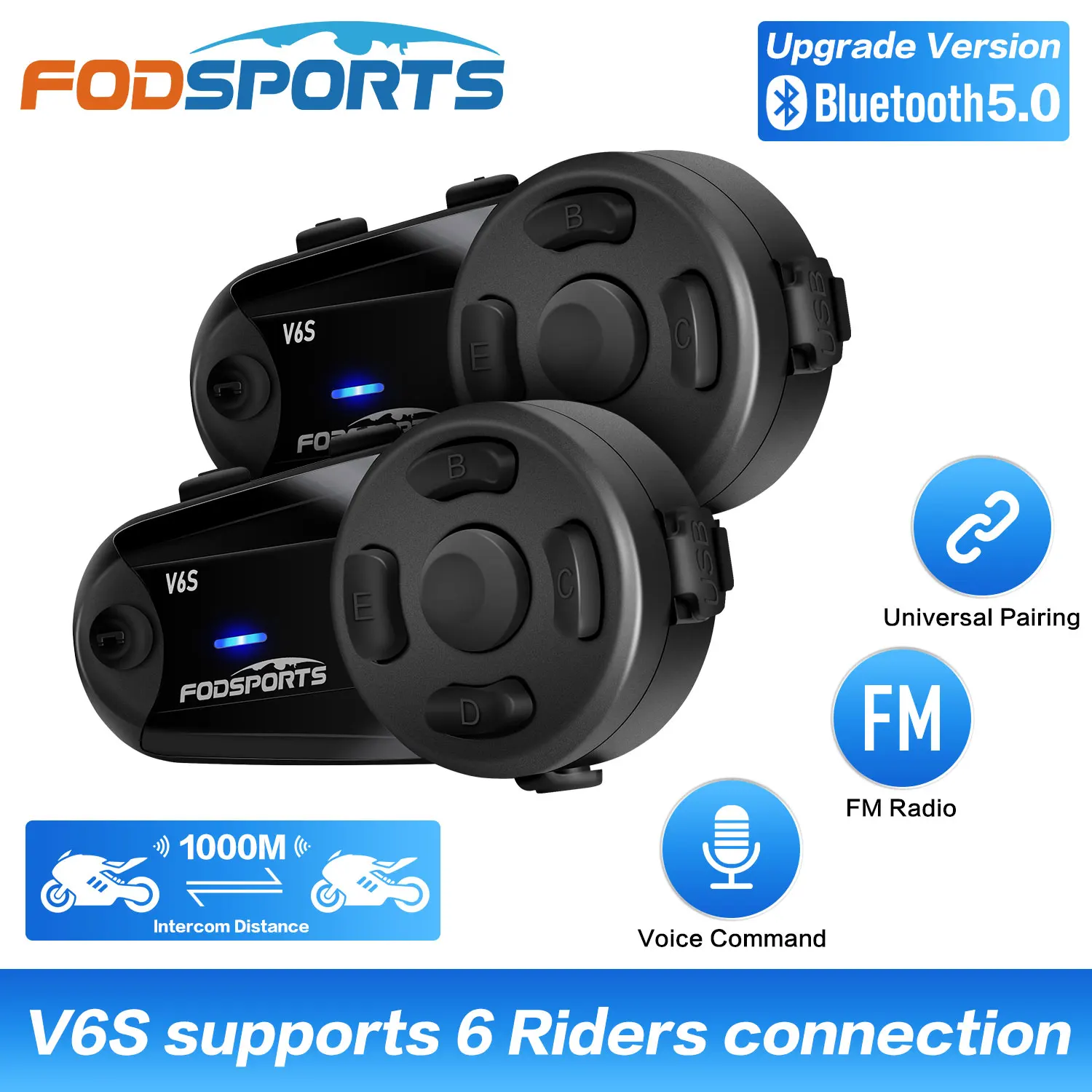 Fodsports V6S Casco Interfono Moto Auricolare Bluetooth 1000M Ip65 Impermeabile 6 Rider Interfono Wireless Bt5.0 Radio Fm