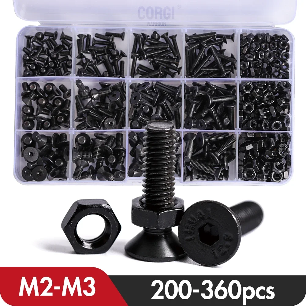 200-340-360-Pcs-Socket-Flat-Head-Screw-Kit-M2-M2-5-M3-DIN7991-Black ...