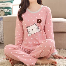 

Autumn Winter Cotton Print Women's Pajamas Round Neck Long Sleeve Top Long Pant Pajamas Set Woman Sleepwear Girls Pyjamas Women
