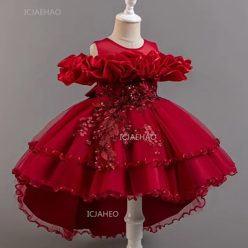 Girls Flower Girl Dress with Train Tulle Princess Gown Christmas Birthday Party Pageant Formal Dresses Kids Children Clothing - 6