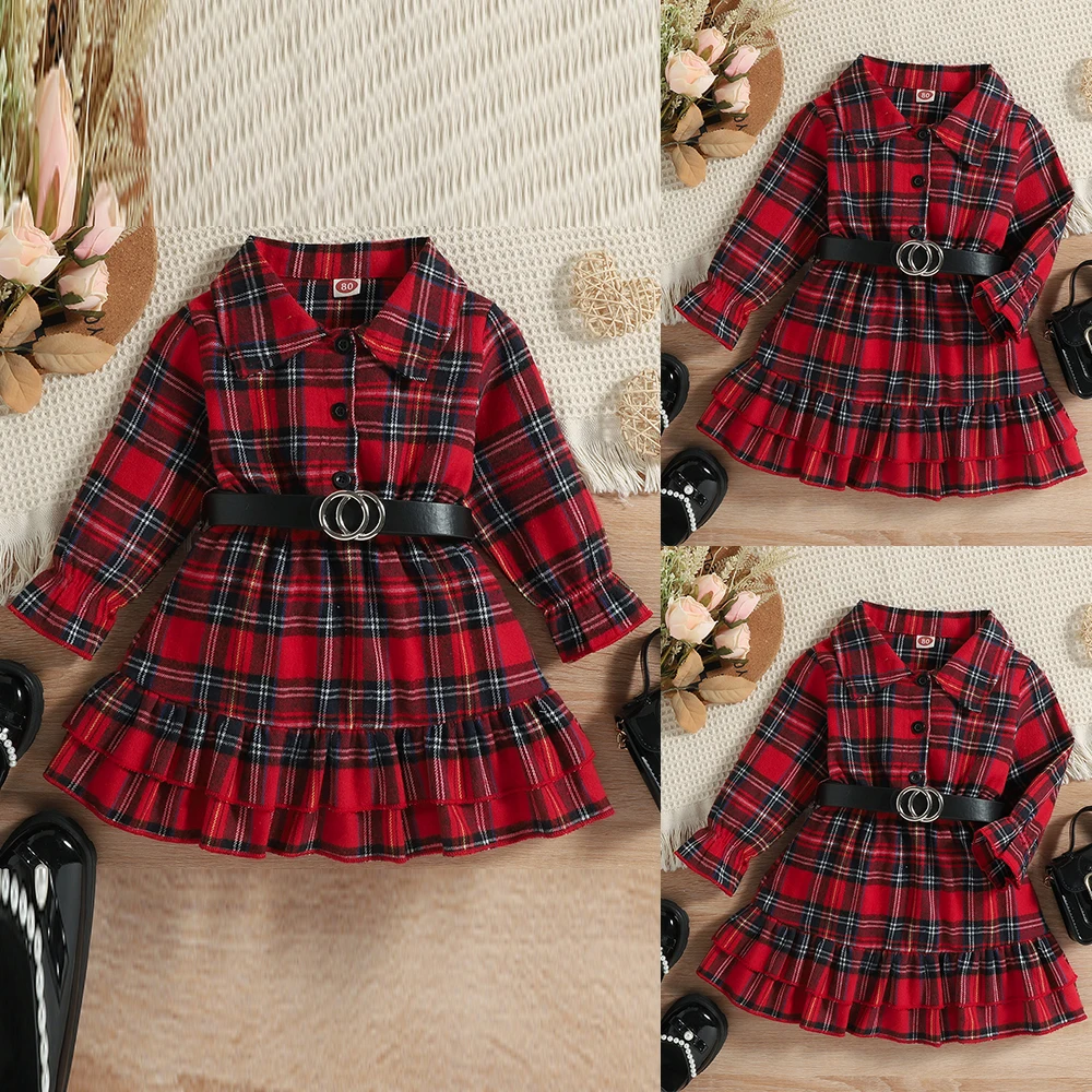 

Turn-down Collar Knee Length Girls All-Season Plaid Regular Fit & Flare T-Shirt Dress Long Sleeve