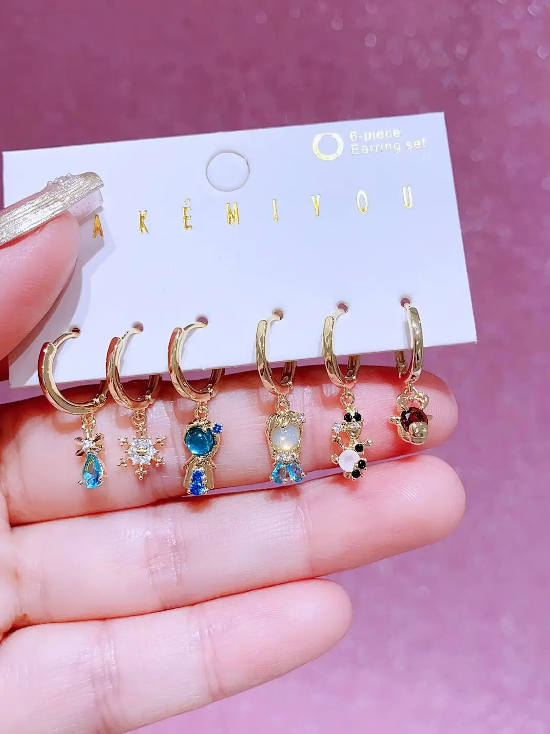 MIGGA 6pcs Fairy Tales Frozen Princess Dangle Earrings Set Gold Plated Huggie Earrings Women Jewelry 4