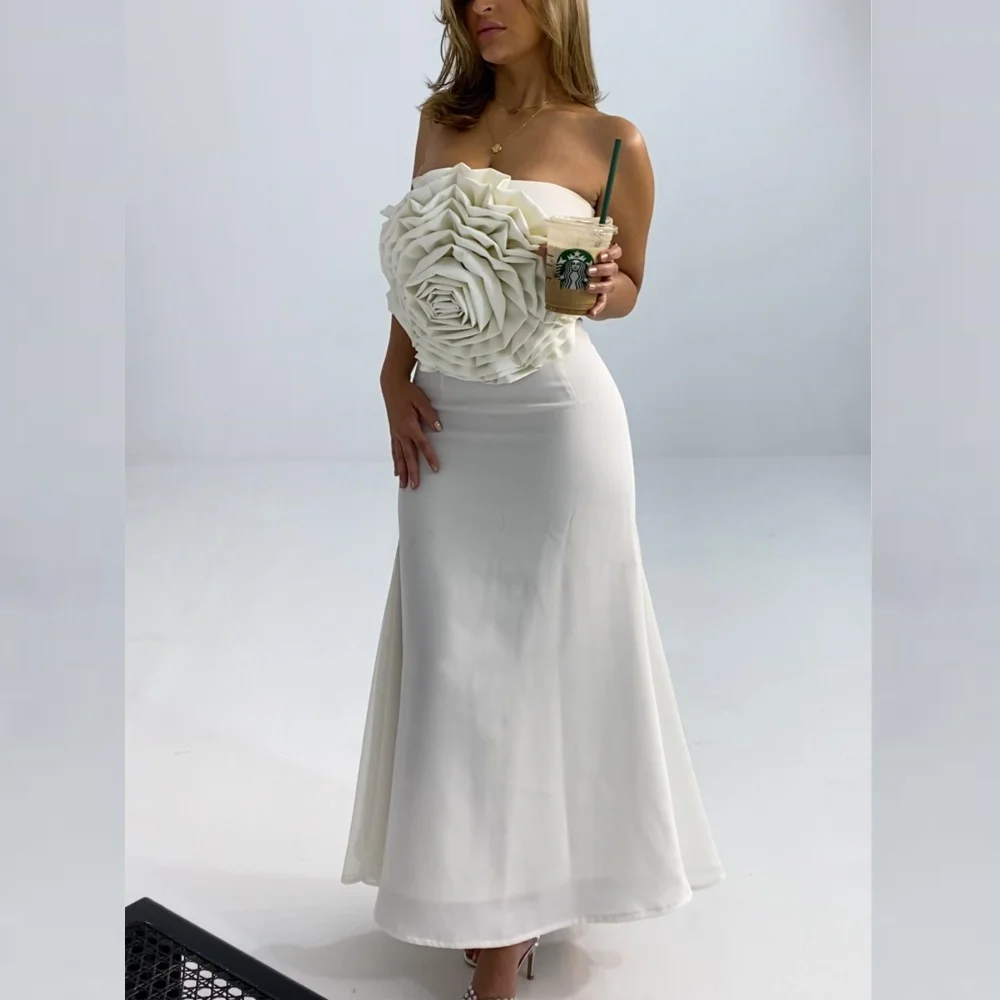 High Quality Sparkle Exquisite Chiffon Flower Draped Pleat Valentine's Day A-line Strapless Bespoke Occasion Gown Midi Dresses