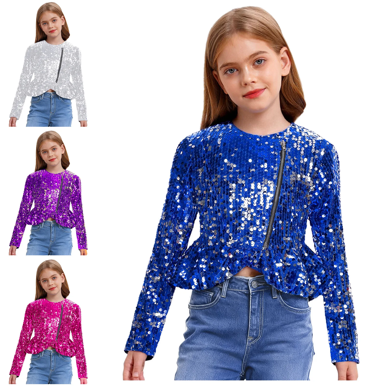 여아용 반짝이는 스팽글 가디건 재킷 더블 지퍼 긴 소매 러플 페플럼 크롭 아우..