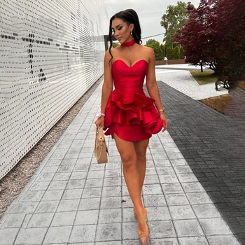 Radia May Customized Sexy Red Short Prom Dress Sweetheart Ruffles Satin Cocktail Party Gowns BP126