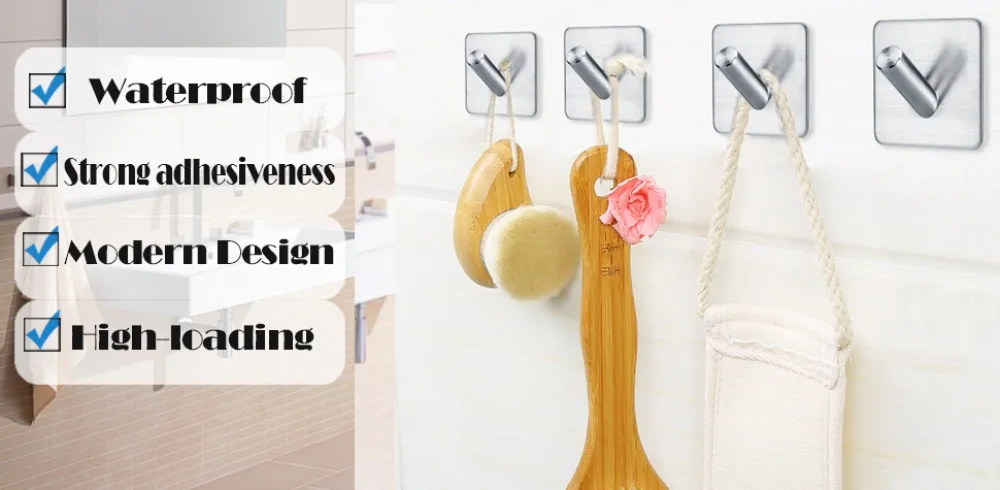 Description Picture 2 of itemAdhesive Towel Hooks Heavy Duty Towel Hanger Waterproof Stainless Steel Stick On Shower Bathroom Kitchen Storage Holder Hooks