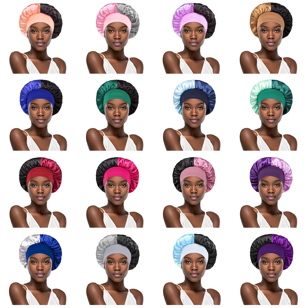 Women's Satin Solid Wide-brimmed Sleeping Hat Unisex Color-block Head Wrap Elastic Band Cap Hair Care Bonnet Night Hat 2