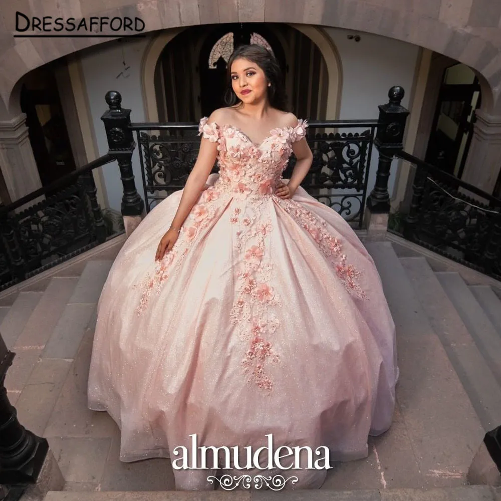 

Princess Pink Quinceanera Dresses 2022 Appliques Off Shoulder Sparkly Prom Party Sweet 16 Gowns Lace-Up Corset Dress