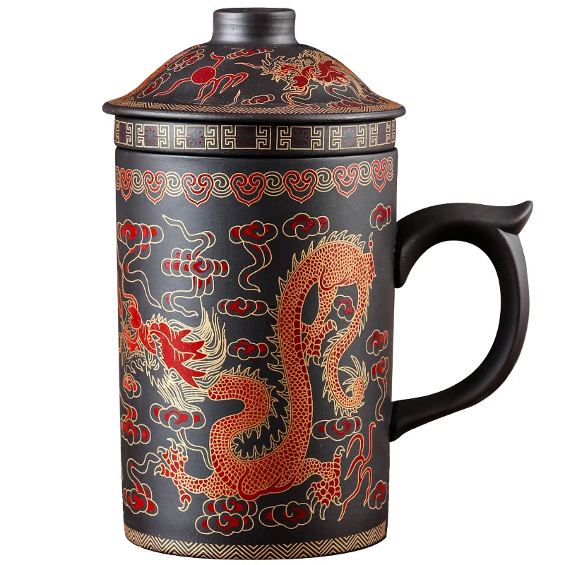 Handmade Yixing Dragon/Beauty Purple Clay Tea Mug with Lid and Tea Infuser Cup Office Water Cup Gift Mug Drinkware