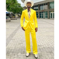 Shiny Yellow Satin Men Suits 2 Piece Fashion Pne Button Party Prom Wedding Groom Tuxedo Male Suit Slim 2 Piece Blazer Pants