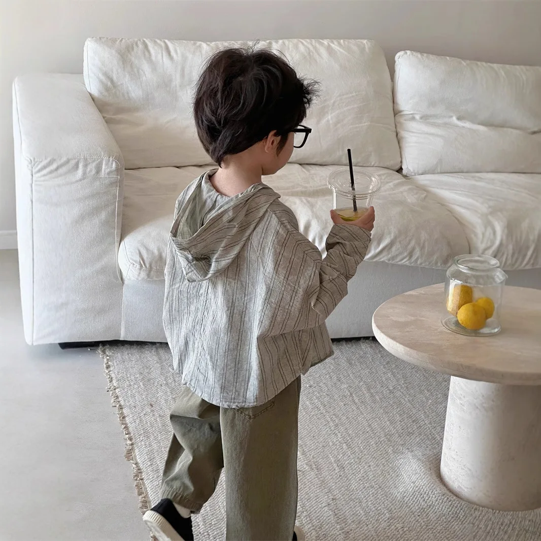 Children Linen Spring and Autumn Striped Shirt Boys and Girls Hooded Top Children Breathable Lightweight Cardigan