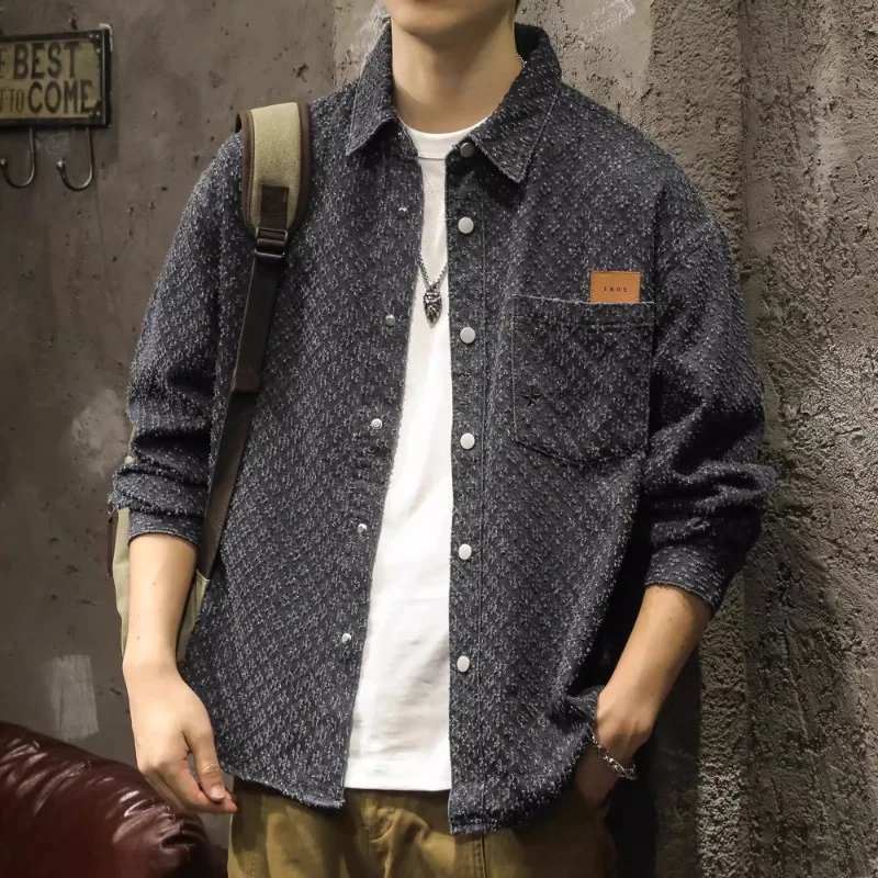

Thousand bird lattice cargo casual shirt men spring and autumn fashion brand all loose small fragrance men's coat top
