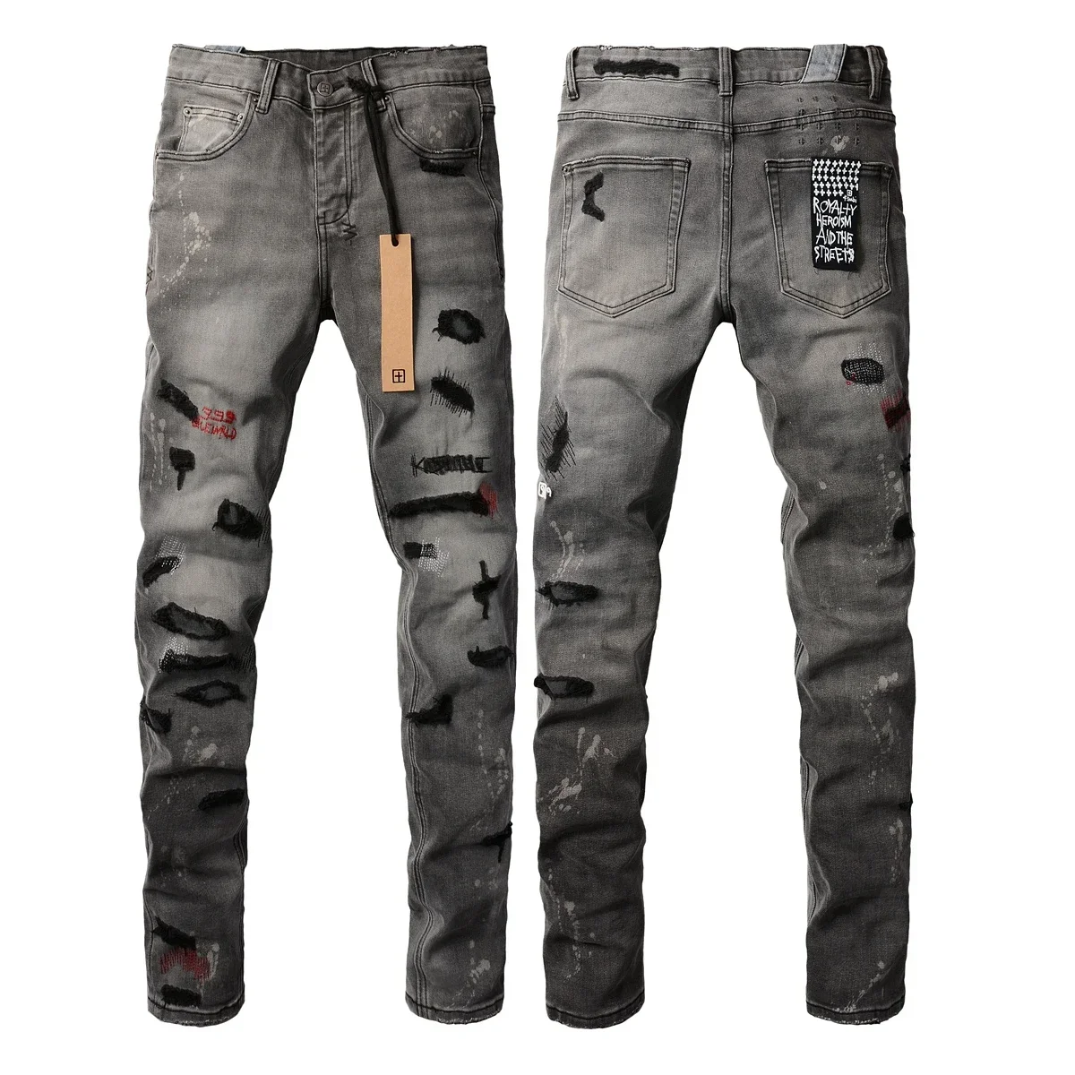 KSUBI Cross Jeans American High Street Splashing ink graffiti Hole Trend Low Rise Skinny Denim Pants Ripped patch Letter Jeans