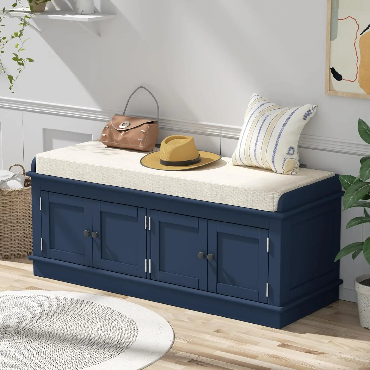 

Storage Bench with Seating&Removable Cushion,42.7" Shoe Rack Entryway w/4 Doors and Adjustable Shelves for Bedroom