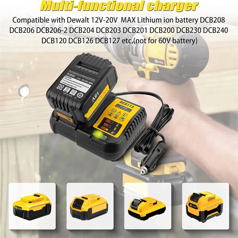 DCB112 Car Charger for Dewalt 20V DCB204 DCB206 Lithium-Ion