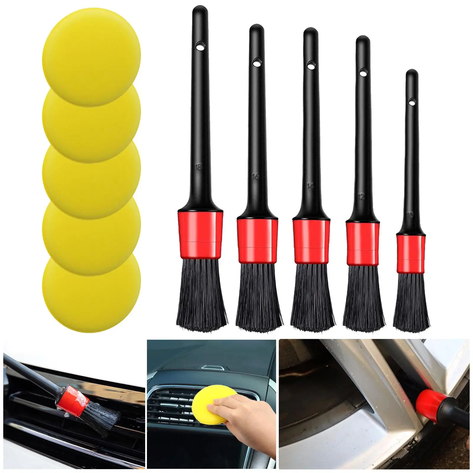 5pcs Car Brushes +sponges Car Detailing Brush Set Long Soft Bristle For