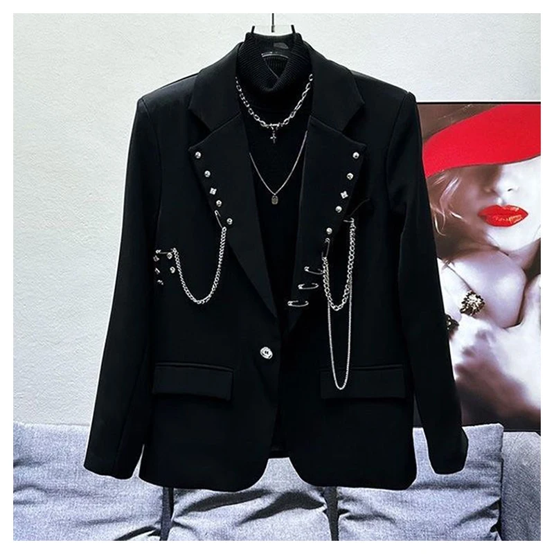 Black suit jacket, men's and women's single suit top, autumn Korean style trendy high street men's loose small suit