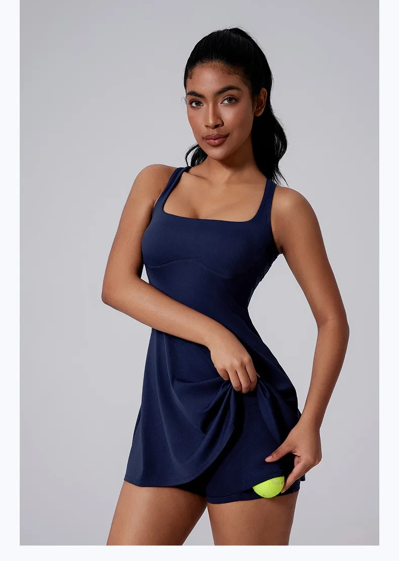 Tennis Dress Build In Bra&Shorts Women Outdoor Trainning Sports Dress Hollow Out High Elastic Golf Badminton Skirts Sportswear