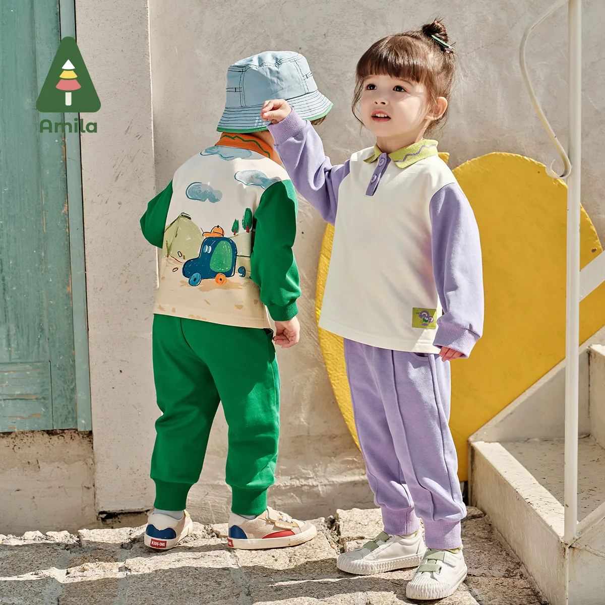 Amila Baby Suit Spring New Splicing Contrast Polo Collar Elastic Breathable Casual Boys & Girls Outfit kids clothes set baby girl clothing set