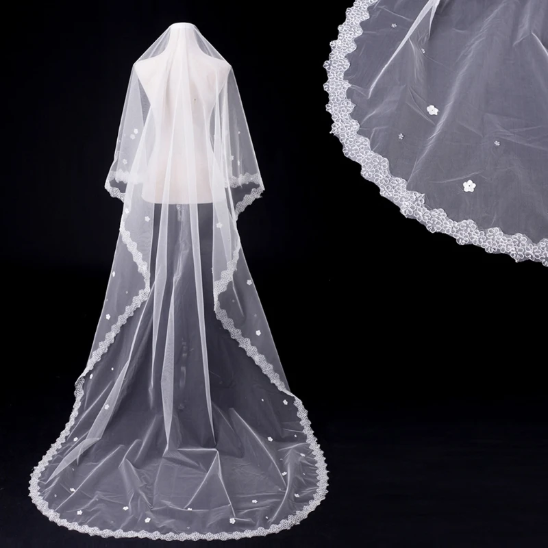 

Bridal Veil Lace Trim Hair Accessories for Wedding Single Layer Sheer Tulle 118" with Flowers Embellishment Veils Dropship