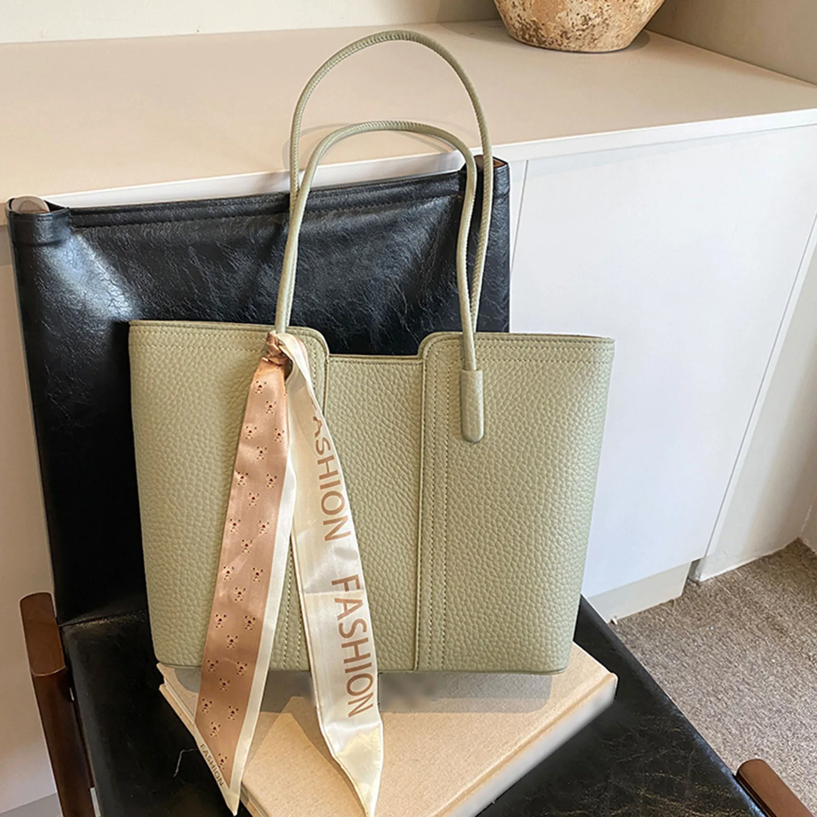 PU Tote Bag Solid Color Commuting Versatile Handbag Shoulder Bag for Women Work Office Travel