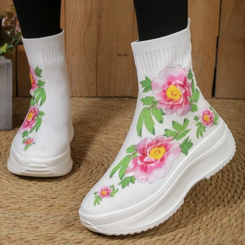 

Женские ботинки на платформе, новинка 2023, женские ботинки с принтом в этническом стиле, сетчатые дышащие вязаные ботинки-носки, Повседневная нескользящая обувь на толстой подошве