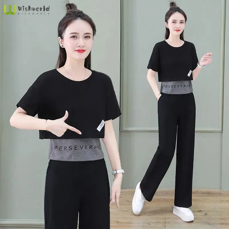 2022 Summer New Korean Version Foreign Style Age Reducing Vacation Two-piece Top Short Sleeve Wide Leg Pants Leisure Suit