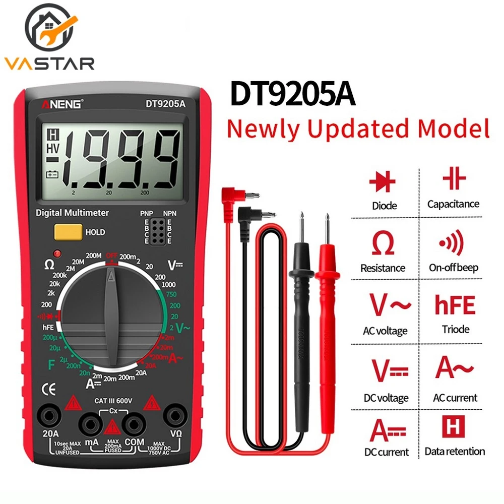 Newly Digital True RMS Professional Multimeter AC/DC Current Tester HFE Ohm Capacitor Voltage Meter Detector Tool DT9205A microhardness test