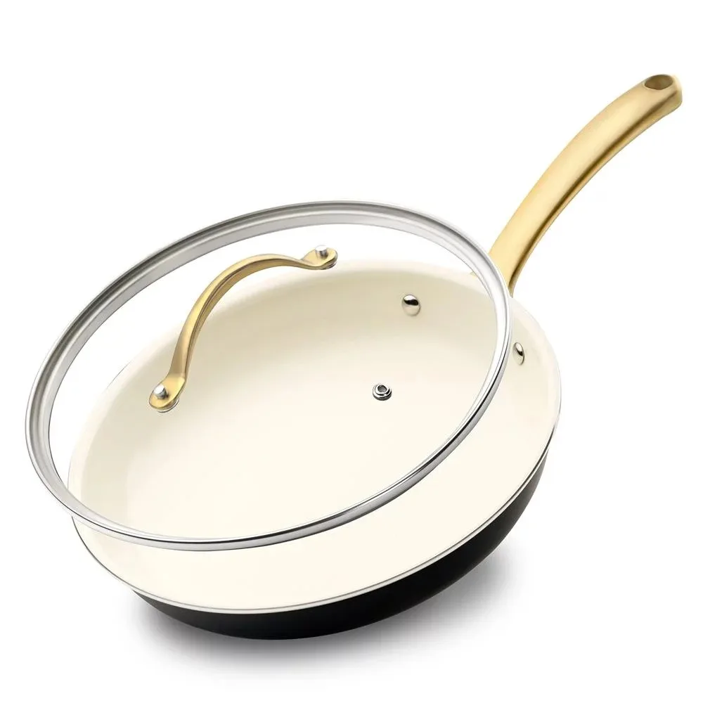 

12 Large Skillet Nonstick Frying Pan with Golden Titanium Coated Silicone Handle with Lid and Durable Ceramic Coating