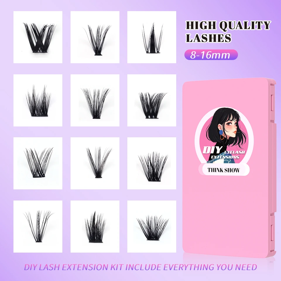 THINKSHOW DIY Lash Clusters Set Mixed Tray Lashes Kit Fluffy Individual Lashes Extension with Lash Bond and Seal At Home Makeup