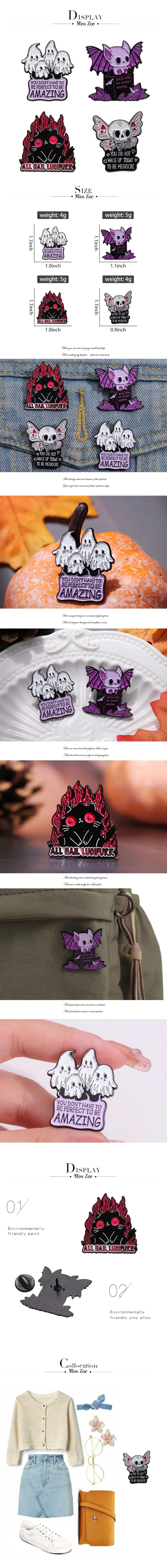 Halloween Satan Emaille Pins Benutzerdefinierte süße aber gruselige Fledermaus Geist Broschen Revers Abzeichen Gothic Tier Schmuck Geschenk für Kinder Freunde – Detail 1