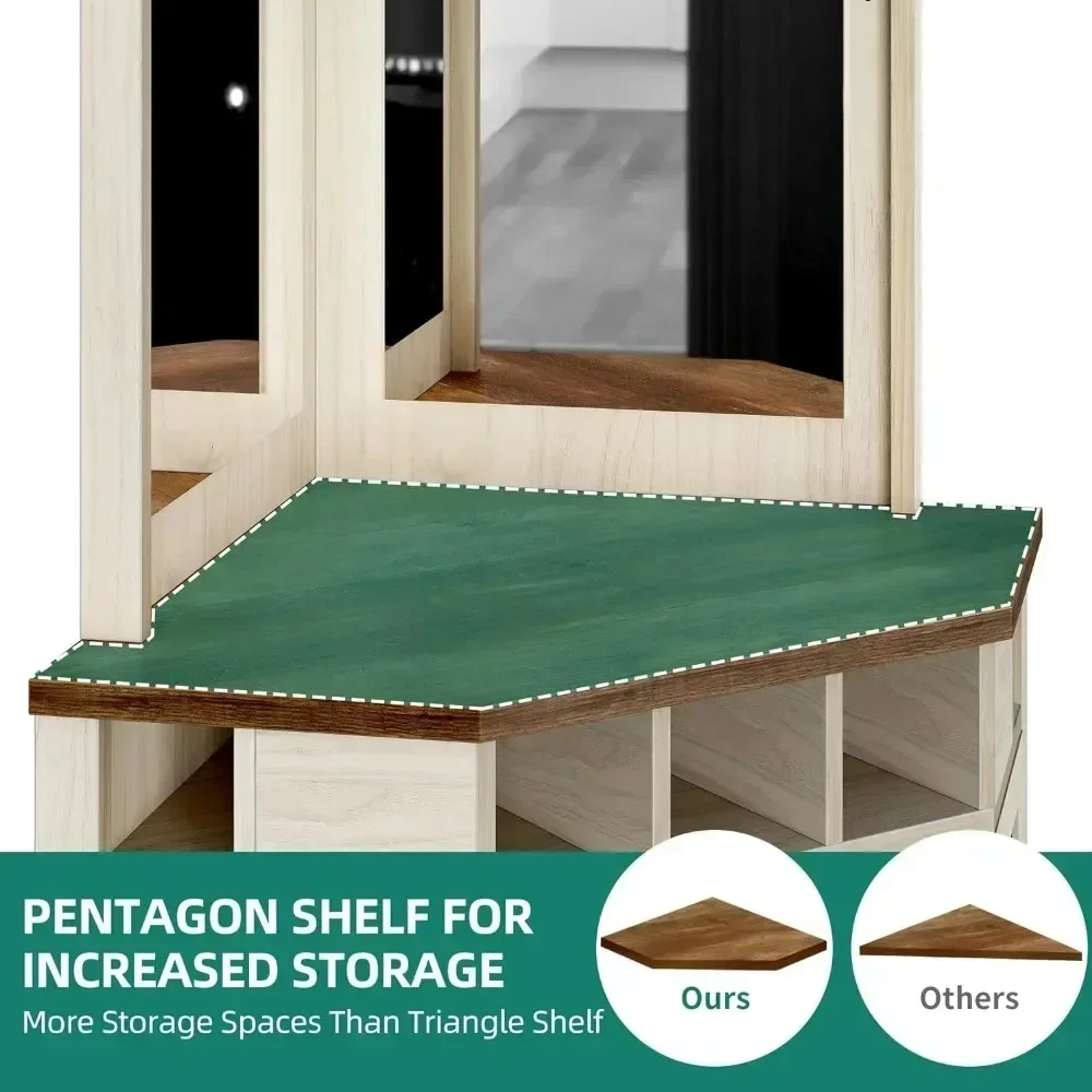 Corner Bar Cabinet w/ LED Lights, 72" Tall Farmhouse Wine Bar Cabinet w/Visualization Glass Door & Adjustable Shelves, Off White