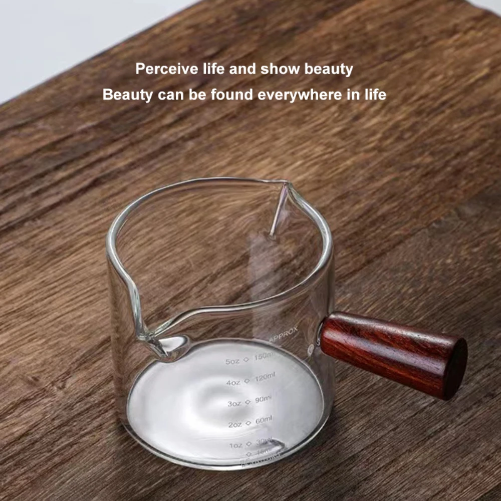 Measuring Cup 40/75/150ml Wood Handle Glass Espresso Measuring Cup Double/Single Mouth Milk Jug Coffee Supplies Clear Kitchen Measure Mug