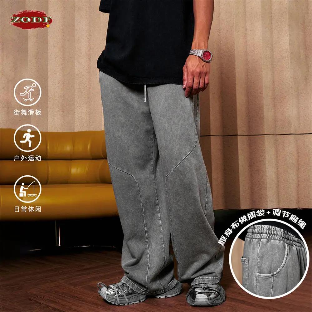 ZODF Retro 2024 Spring Men Washed Cotton Straight Pants Unisex Casual 330gsm Distressed Loose Trousers Brand Clothes HY0830 3