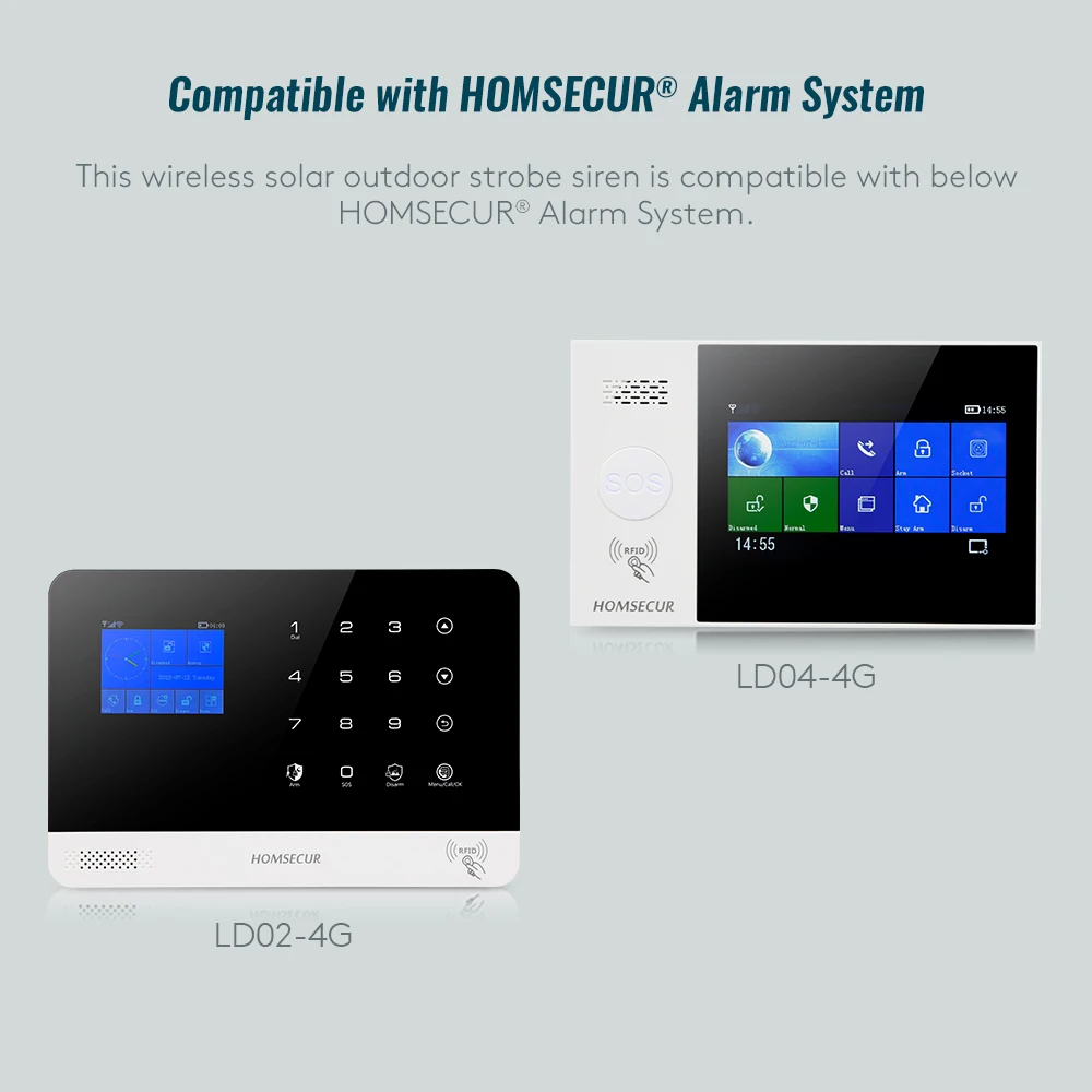 HOMSECUR H16-2 WIFI 4G 경보 시스템용 태양열 구동 방수 무선 스트로브 사이렌 110dB 433MHz